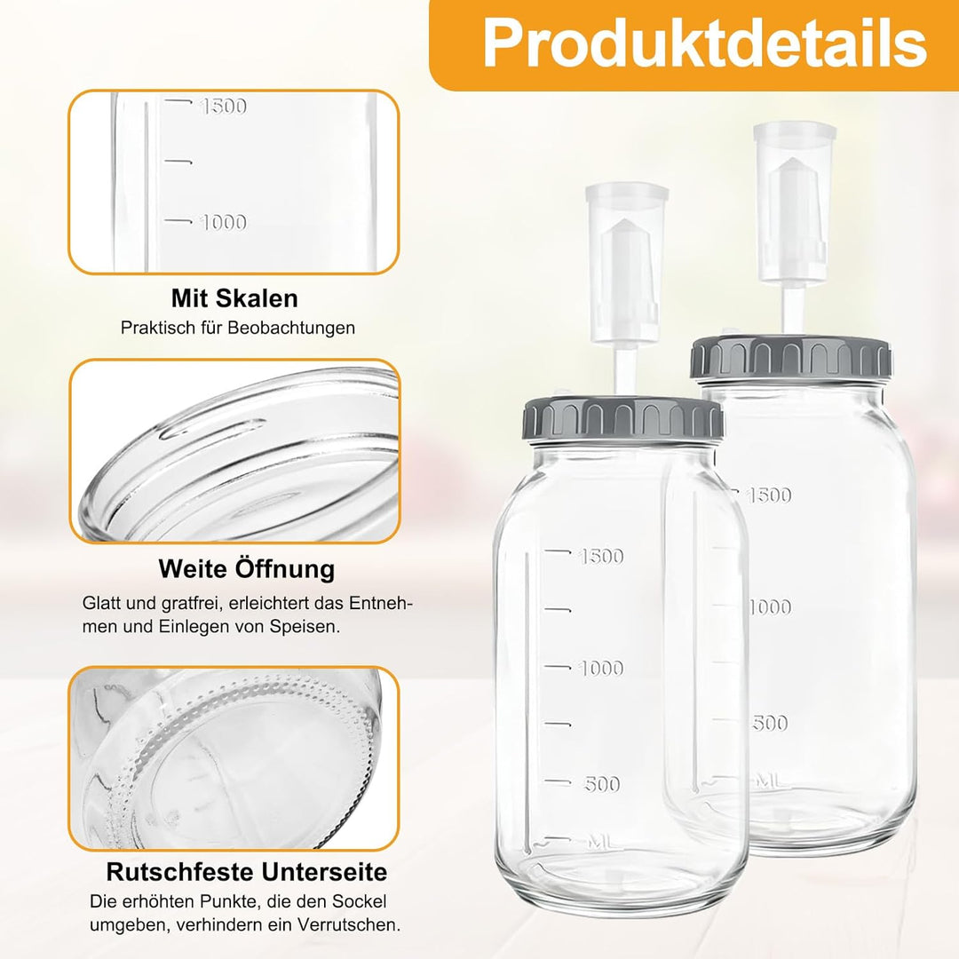 Fermentierglas 2 Stück 2L, 64oz Kimchi Behälter mit Luftschleuse und Gewicht, Breiter Mund Fermentie