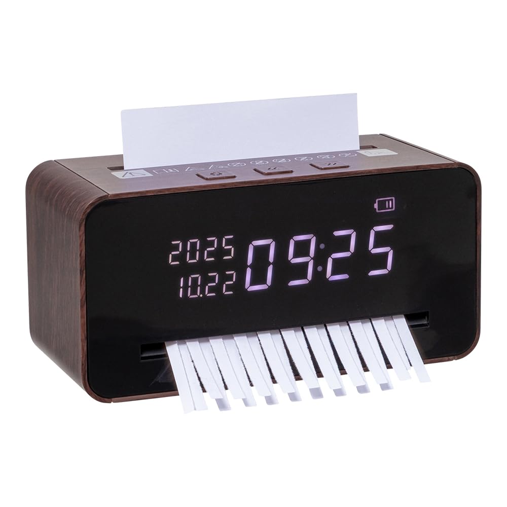 Tisch-Aktenvernichter mit Uhr – Kompakter Mini-Shredder P2, USB-Akku, Digitaluhr mit Datum, Streifen