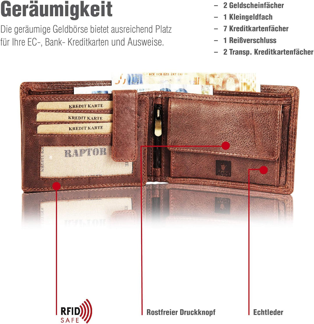 Raptor Herren-Geldbörse Echtleder Used Look Querformat braun 12x9 cm RA40003, Braun