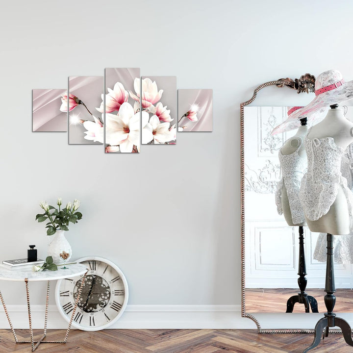 Runa Art Wandbilder Blumen Magnolien 5 Teilig Bild auf Vlies Leinwand Deko Wohnzimmer Abstrakt Rosa