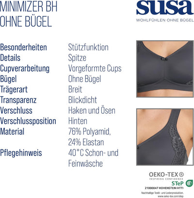 SUSA BH ohne Bügel I Minimizer BH mit seitlich am Cup angebrachter Spitze I Bügelloser BH mit breite