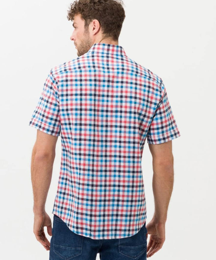 BRAX Herren Style Dan C Cotton Linen Slub Kariertes Kurzarmhemd Hemd XL Ocean, XL Ocean