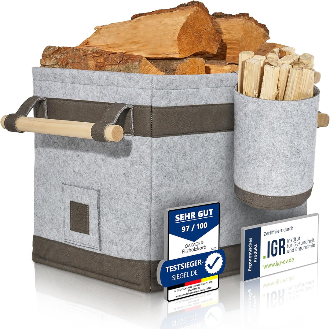 OAKAGE® Holzkorb für Kaminholz Gross mit Zündholzkorb [Schmutzabweisendes Innenfutter und Lederboden