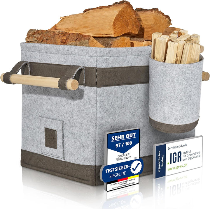 OAKAGE® Holzkorb für Kaminholz Gross mit Zündholzkorb [Schmutzabweisendes Innenfutter und Lederboden