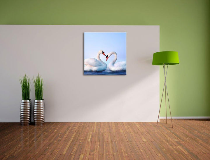 Pixxprint Zwei prächtige Schwäne auf dem Wasser, Format: 70x70 auf Leinwand, 70x70