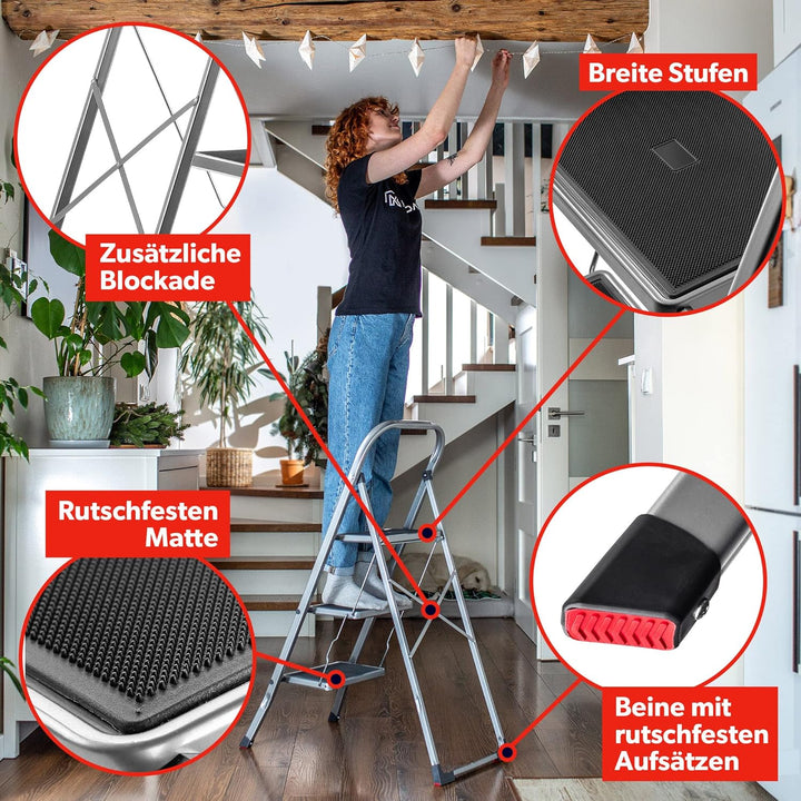KADAX Klappleiter aus Stahl, Trittleiter mit Traglast bis 150kg, Leiter mit Klappsicherung, Handlauf