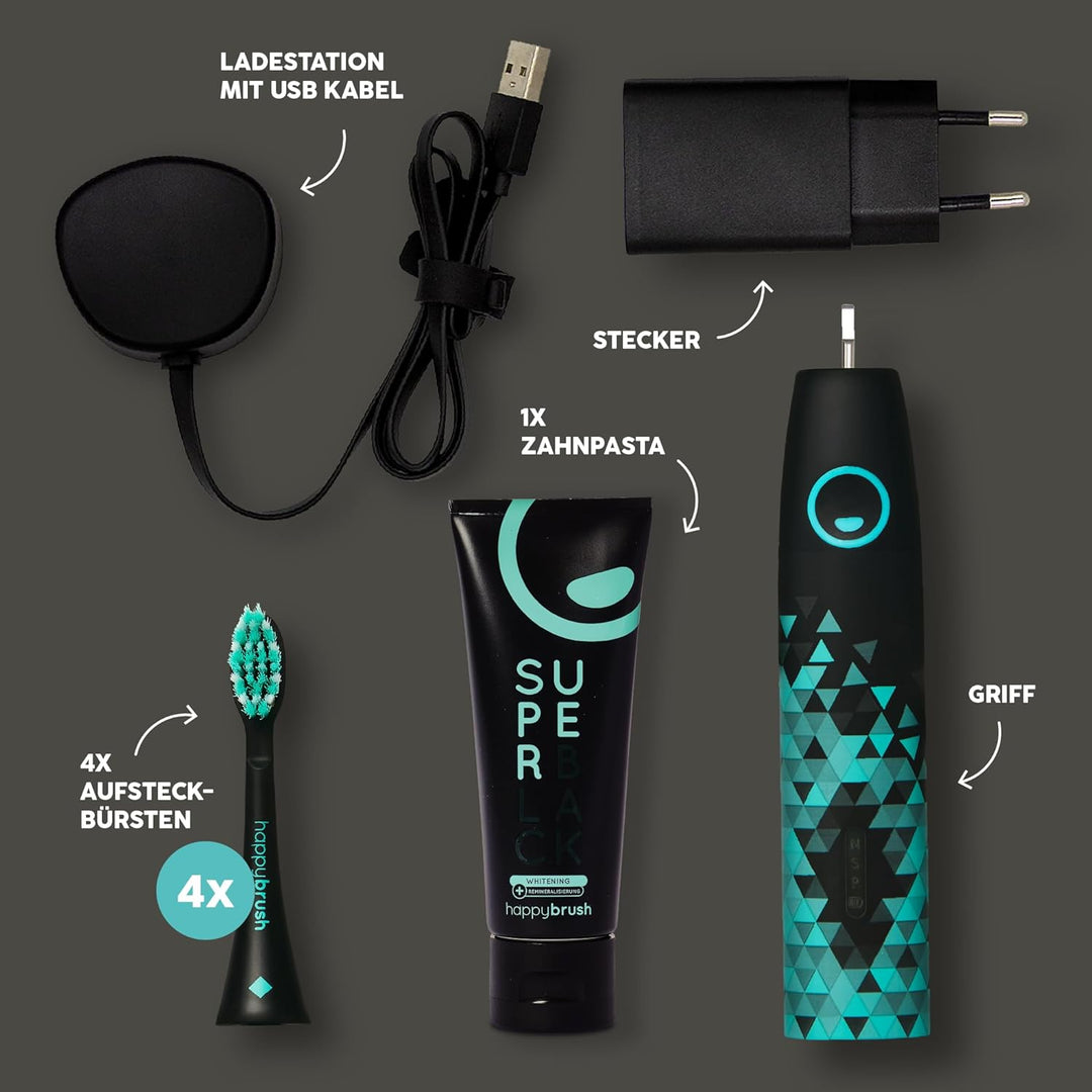happybrush® Elektrische Schall-Zahnbürste Eco VIBE 3 - Nachhaltige Zahnbürste mit 6 Wochen Power-Akk