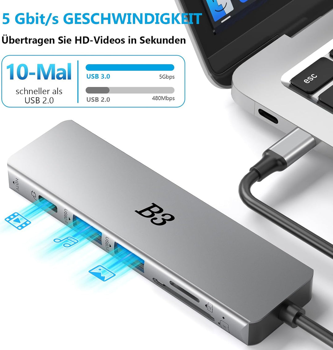 USB C Hub 6-in-1 Multiport-Adapter mit 4K@60Hz HDMI, 100W PD, 2 USB-A-Datenports, SD/TF-Kartenleser