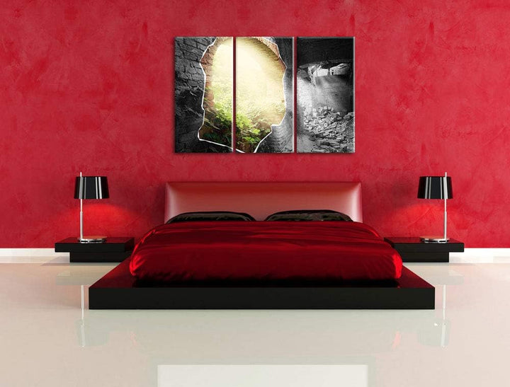 erleuchtete Ruine schwarz/weiss 3-Teiler Leinwandbild 120x80 Bild auf Leinwand, XXL riesige Bilder f