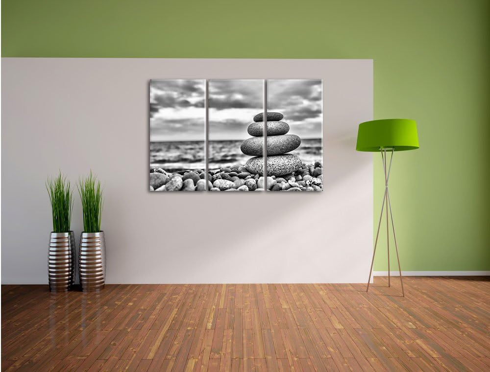 Pixxprint Monocrome, Steinturm am Strand 3-Teiler Leinwandbild 120x80 Bild auf Leinwand