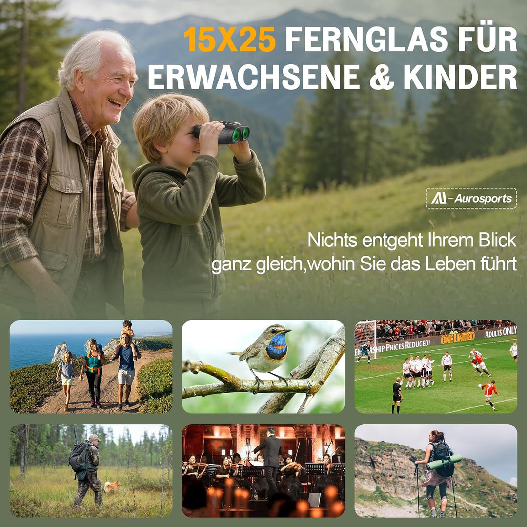 Aurosports Fernglas 15x25 Kompakt Fernglas für Kinder Erwachsene Ferngläser | Klein, Hochauflösend,