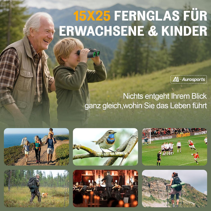 Aurosports Fernglas 15x25 Kompakt Fernglas für Kinder Erwachsene Ferngläser | Klein, Hochauflösend,