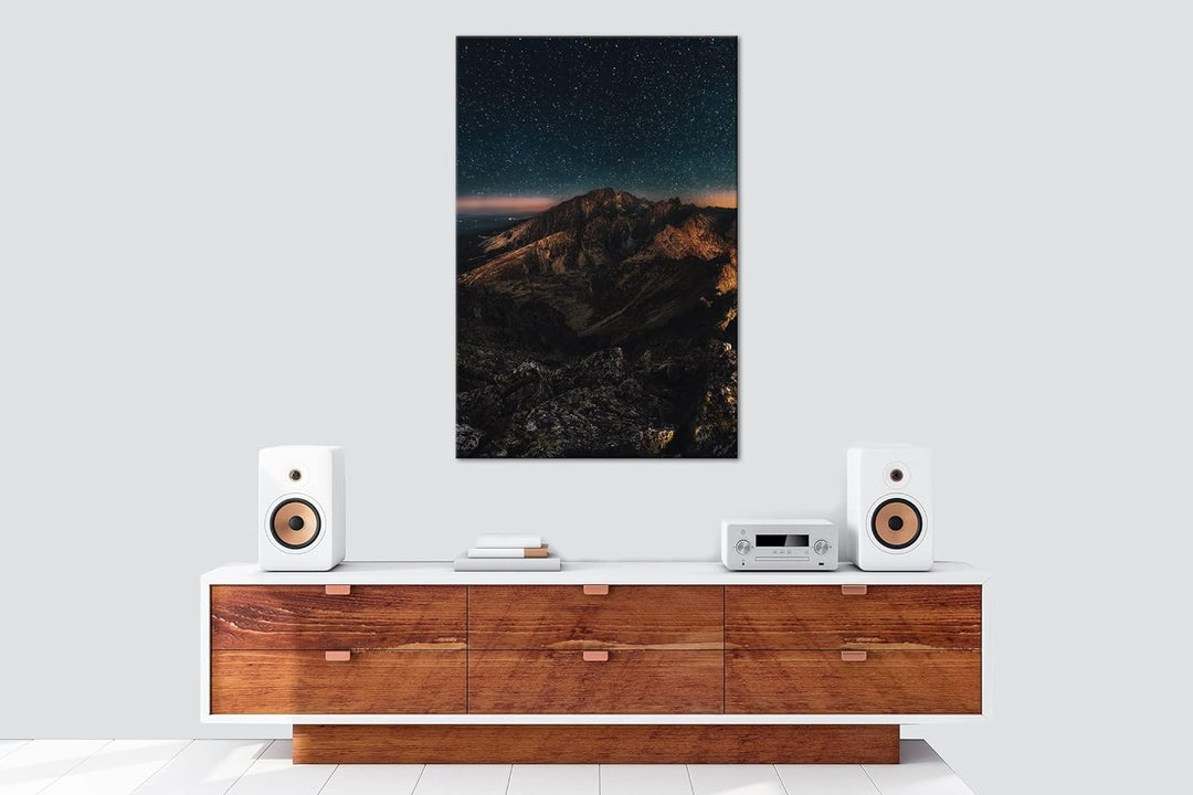scheinende Nacht über den Bergen Format: 100x70 als Leinwandbild, Motiv fertig gerahmt auf Echtholzr