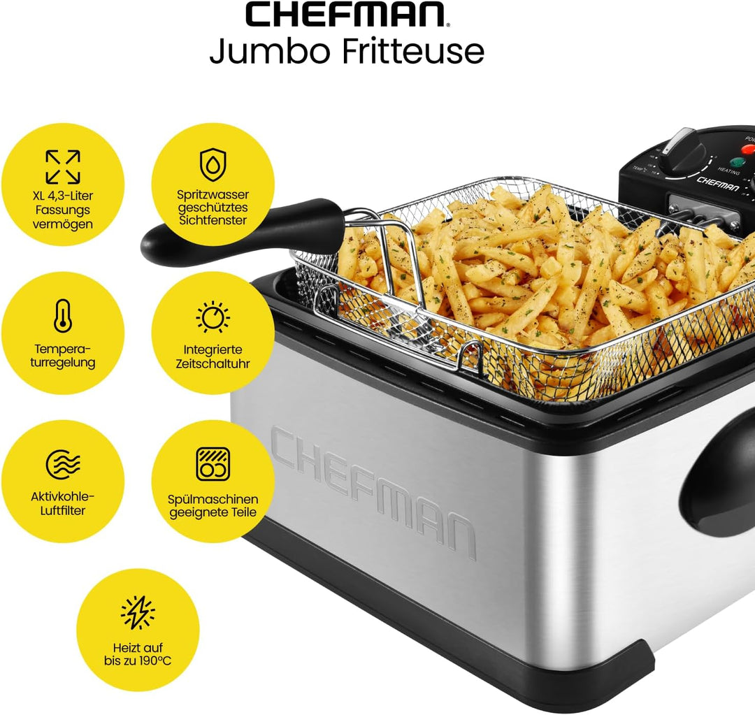 Chefman 4,3 Liter Fritteuse mit Sieb, XL Jumbo Grösse, Einstellbare Temperatur & Timer, Perfekt für