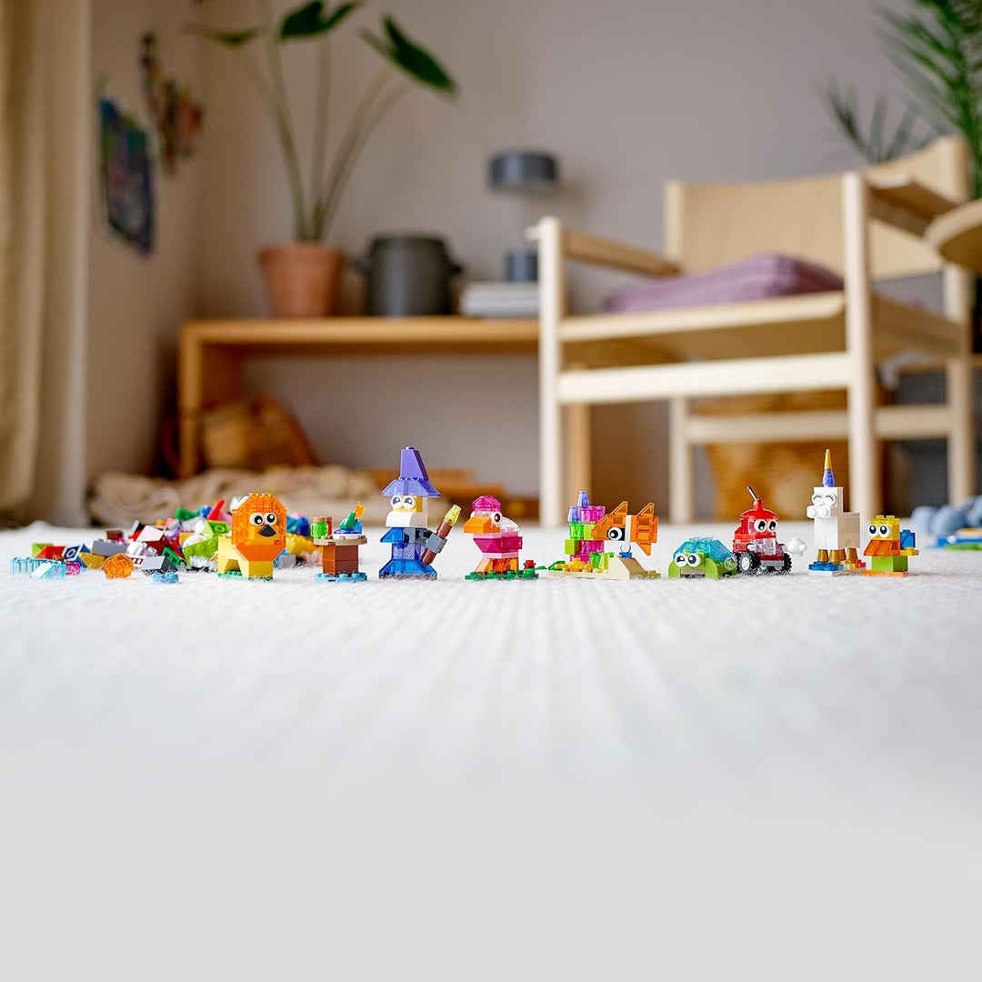 LEGO Classic Kreativ-Bauset mit durchsichtigen Steinen, mit Löwe, Vogel und Schildkröte, Konstruktio