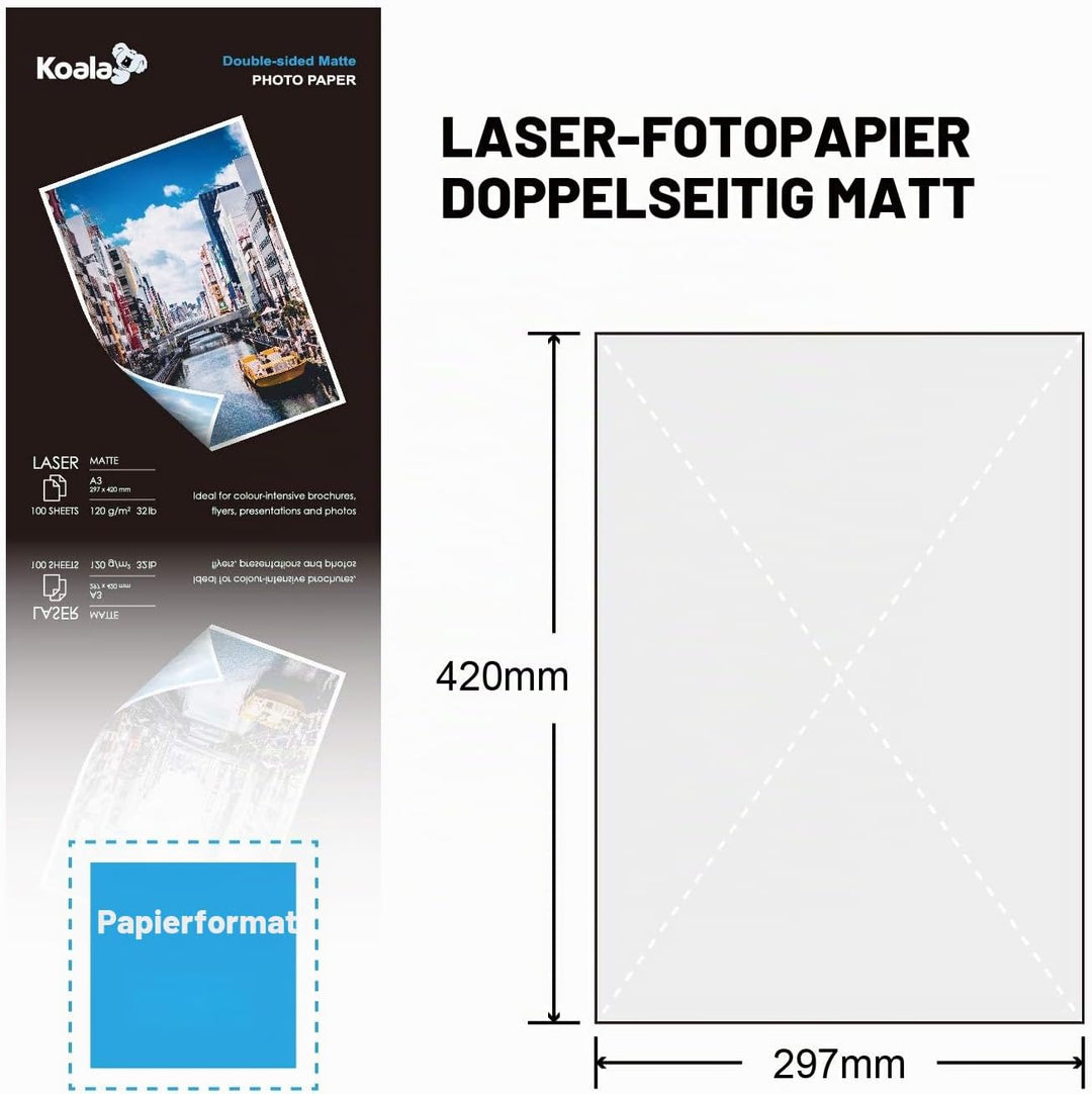 KOALA Fotopapier für Laserdrucker, Doppelseitig, Matt, A3, 120 g/m², 100 Blatt. Geeignet zum Drucken
