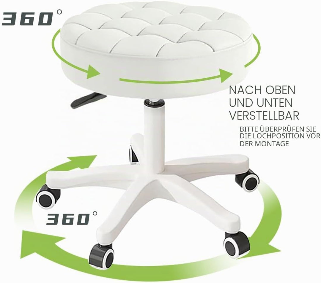 Kleiner Stuhl, runder Drehhocker mit Rollen, Sitzhöhe 35–45 cm, 360° drehbar, PU-Leder, höhenverstel