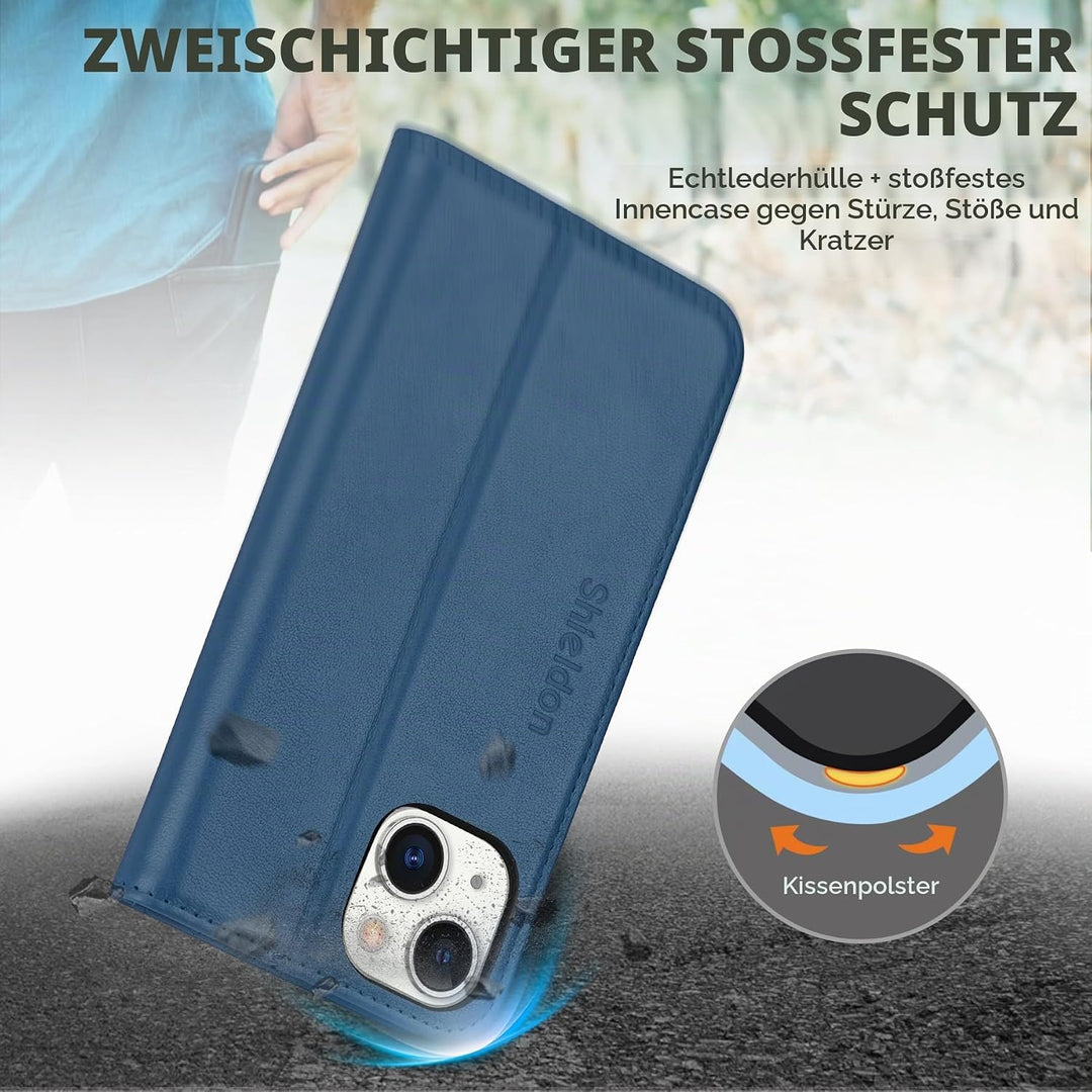 SHIELDON Hülle für iPhone 14 Schutzhülle [Rindsleder] [Stossfest ] [Standfunktion] [Kartenfach] TPU