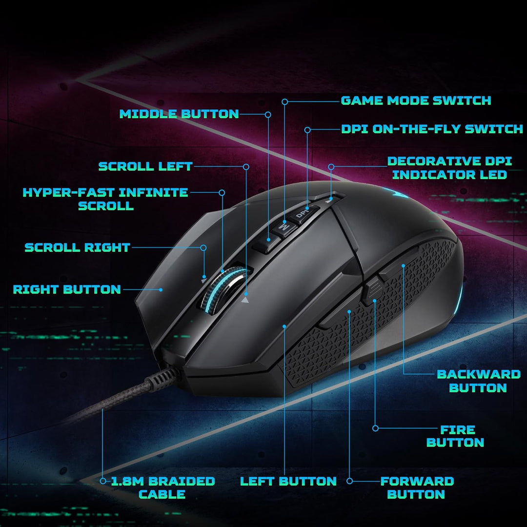 Acer Predator Cestus 335 Gaming Maus (19.000 DPI, 400 IPS Tracking, 10 programmierbare Tasten, 0,5 m