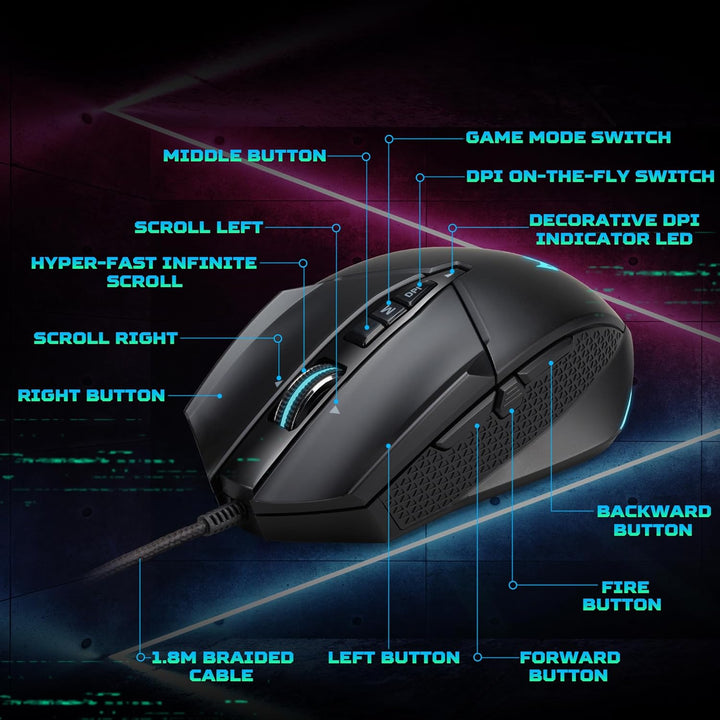 Acer Predator Cestus 335 Gaming Maus (19.000 DPI, 400 IPS Tracking, 10 programmierbare Tasten, 0,5 m