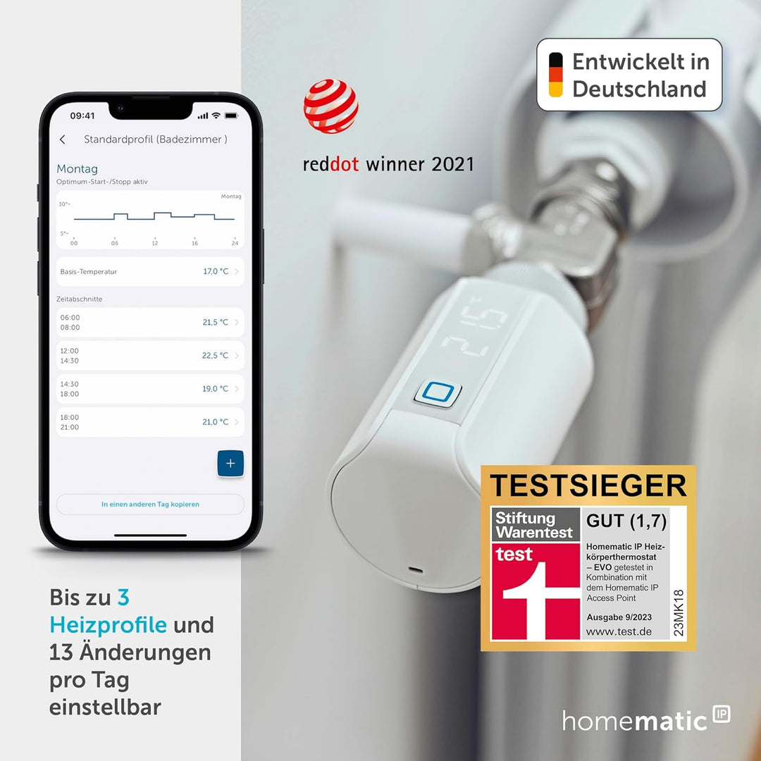 Homematic IP Smart Home Heizkörperthermostat – Evo, digitaler Thermostat Heizung, Heizungsthermostat