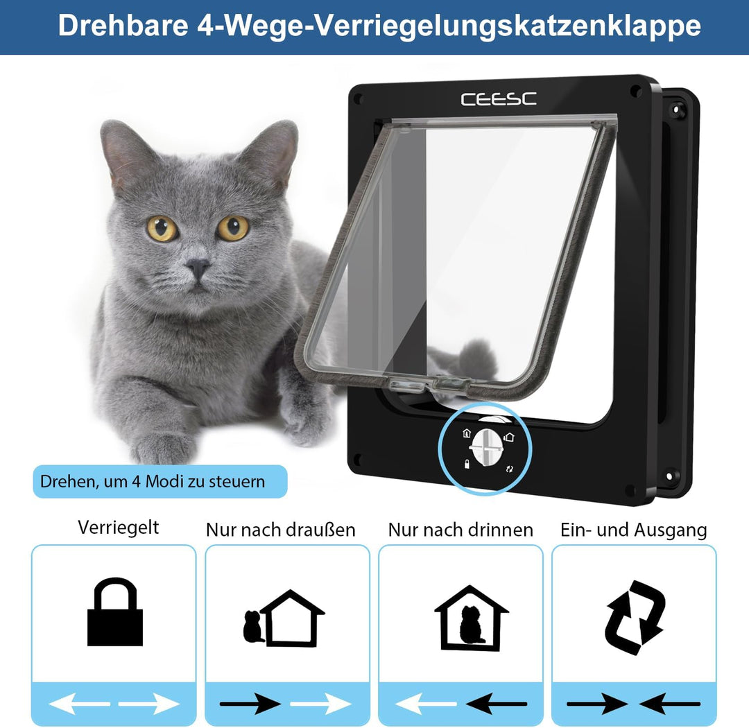 CEESC Grosse Katzenklappe (Aussengrösse 29,5 cm x 24,5 cm), drehbare 4-Wege-Verriegelungstür für Kat