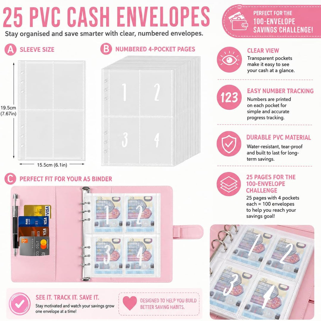 100 Envelope Saving Challenge, Geldsparbinder Budget Planner Sparbuch für Geld Challenge 100 Umschlä