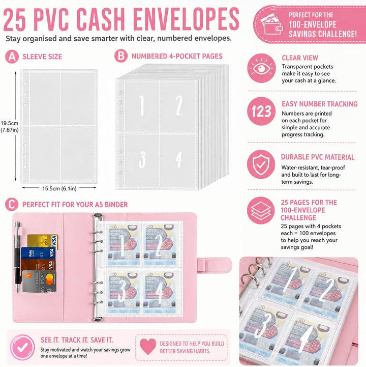100 Envelope Saving Challenge, Geldsparbinder Budget Planner Sparbuch für Geld Challenge 100 Umschlä