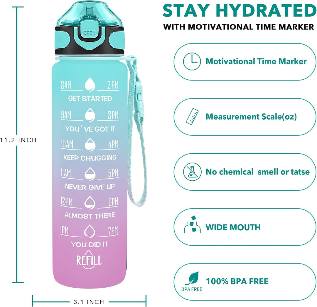 Enerbone Trinkwasserflasche, 900 ml, mit Trinkzeiten und Strohhalm, motivierend, mit Tragegurt, ausl