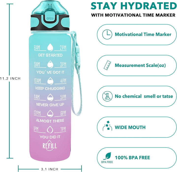 Enerbone Trinkwasserflasche, 900 ml, mit Trinkzeiten und Strohhalm, motivierend, mit Tragegurt, ausl