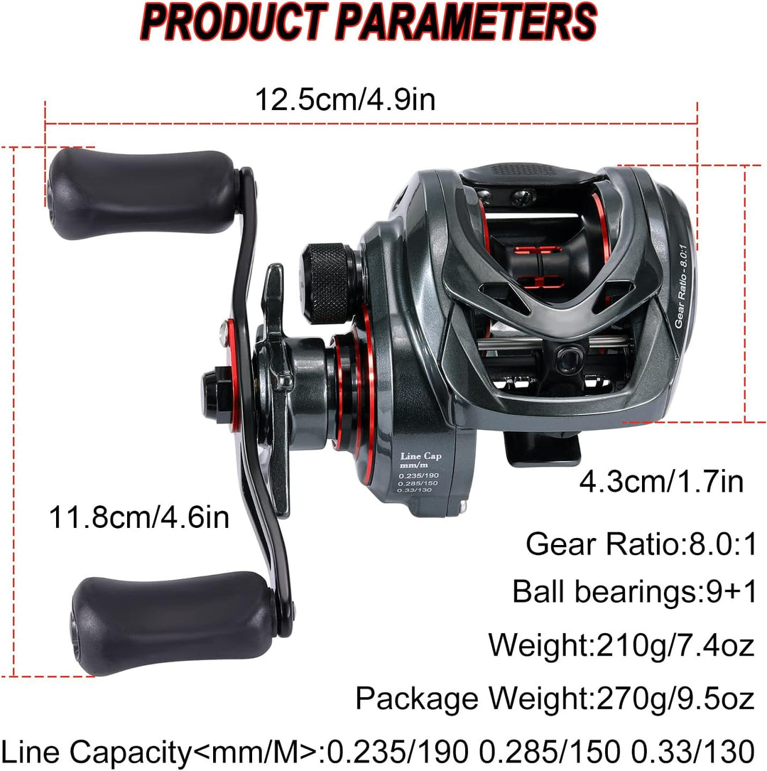 Sougayilang MAX Baitcasting Rolle 8.0:1 High Speed Gear Ratio Angelrolle 18LB Kohlefaser Drag Baitca
