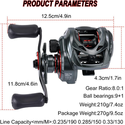 Sougayilang MAX Baitcasting Rolle 8.0:1 High Speed Gear Ratio Angelrolle 18LB Kohlefaser Drag Baitca