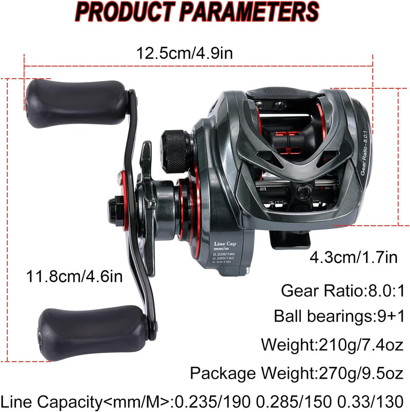 Sougayilang MAX Baitcasting Rolle 8.0:1 High Speed Gear Ratio Angelrolle 18LB Kohlefaser Drag Baitca