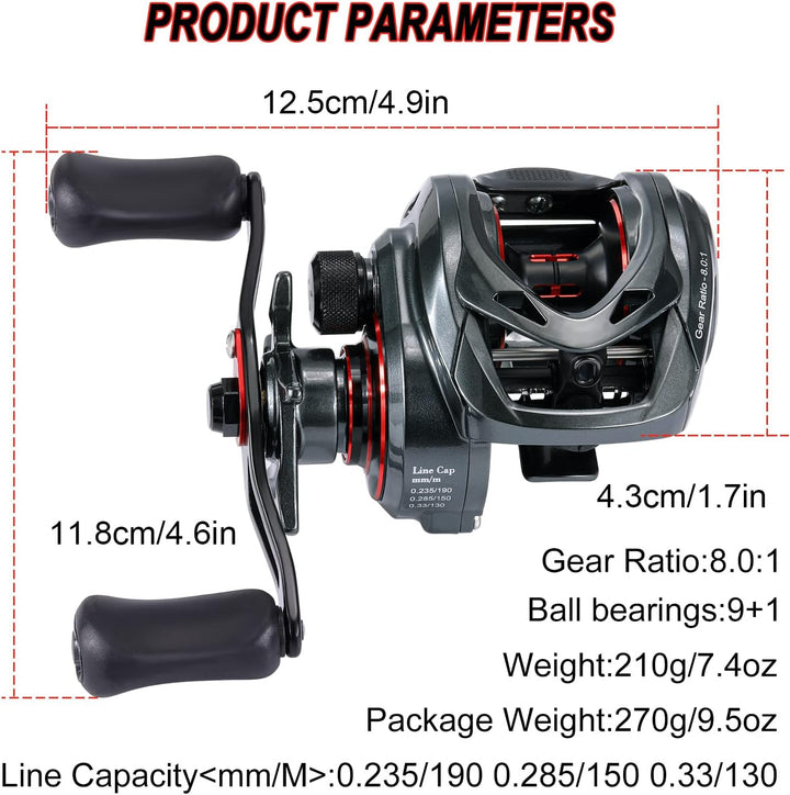 Sougayilang MAX Baitcasting Rolle 8.0:1 High Speed Gear Ratio Angelrolle 18LB Kohlefaser Drag Baitca
