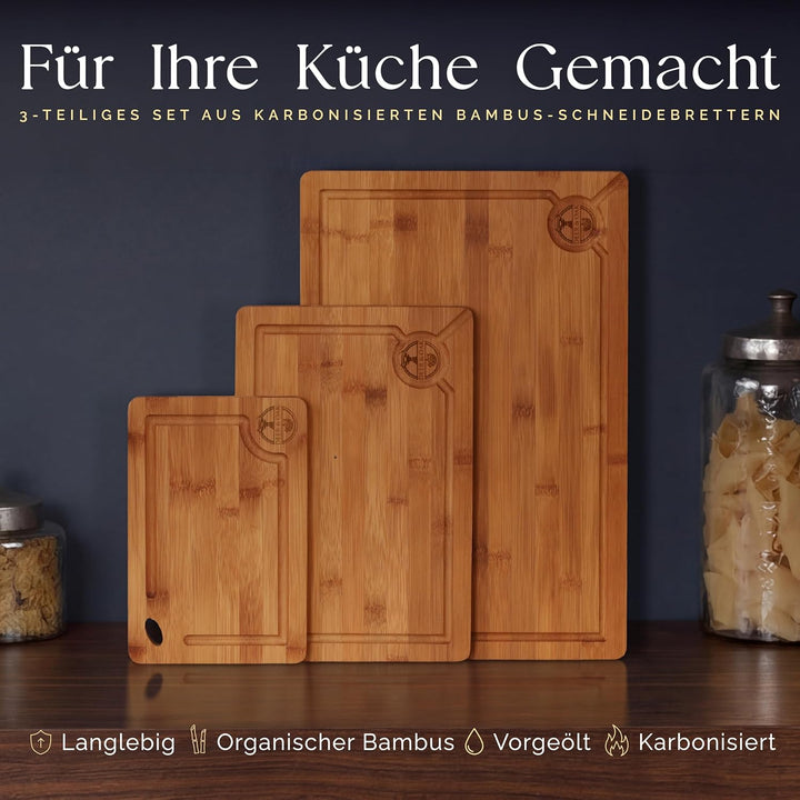 Deer &amp; Oak Schneidebrett-Set 3-teilig, karbonisierter Bambus vorgeölt | Mit Aufhängeloch · bei 260 °