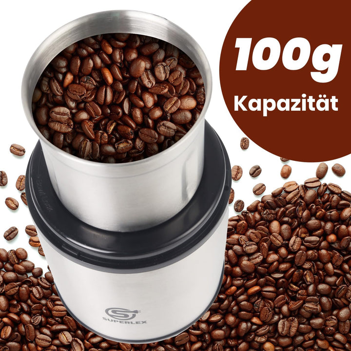 SUPERLEX Kaffeemühle elektrisch mit 100g Füllmenge, 200 Watt Edelstahl Gewürzmühle Abnehmbare Edelst