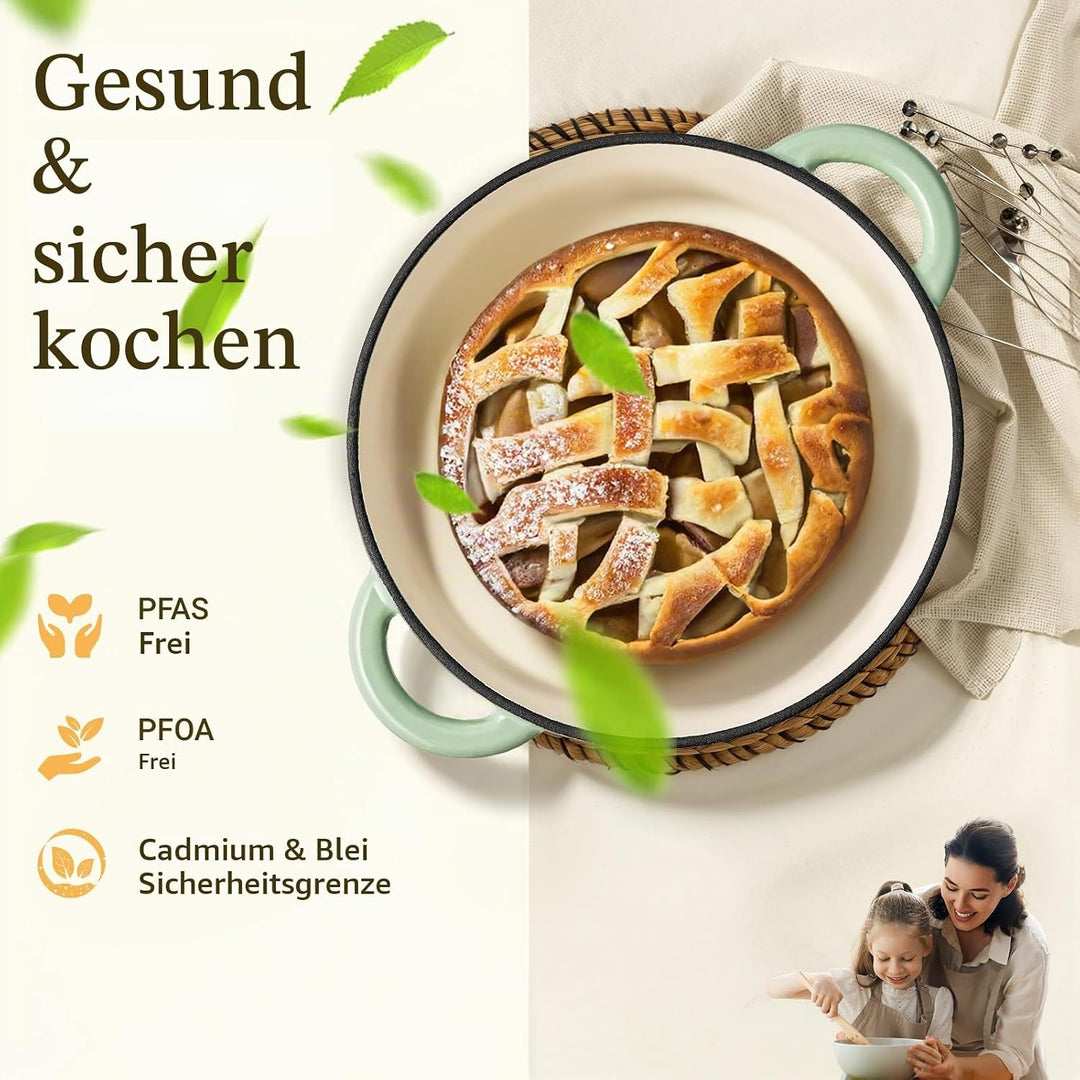 Overmont Bräter emaille Gusseisen Topf - Schmortopf 24cm backofengeeignet - mit Deckel und Kochbuch