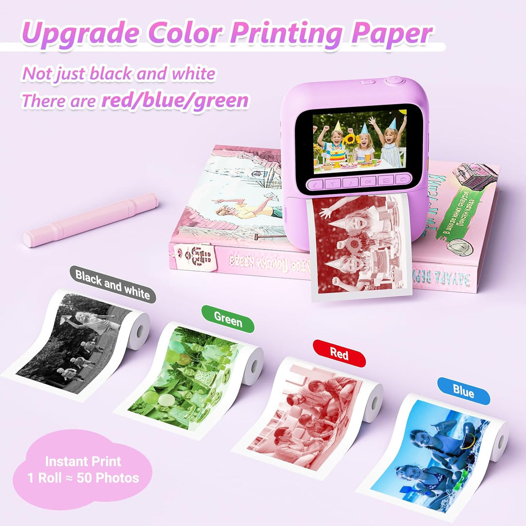 Sofortbildkamera für Kinder, 1080P Kinderkamera mit 5 Rollen Druckpapier, 32GB-Karte und Farbstiften