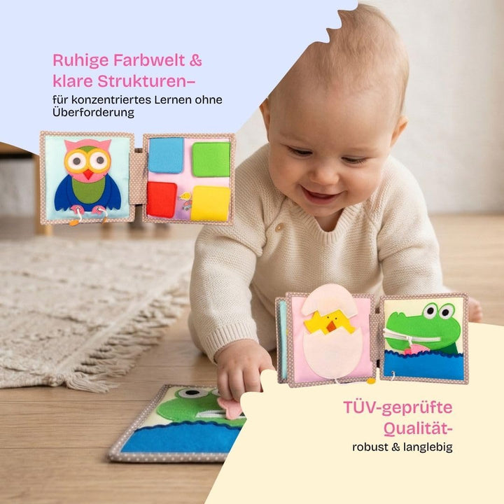 Jolly Designs 6-seitiges Mini Quiet Book | Peek a Boo- Montessori Lernspielzeug Aus Hochwertigem Sto