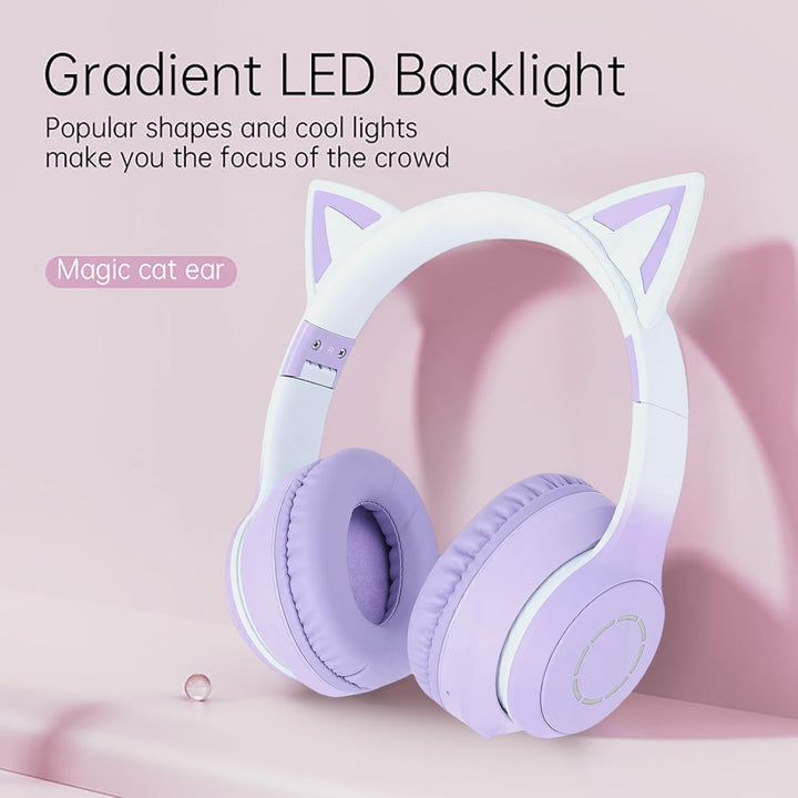 Kabelloses Gaming-Headset, niedliche Katzenohren, Bluetooth 5.3, LED-Beleuchtung, abnehmbares Mikrof