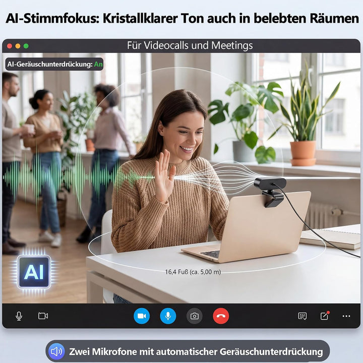 2K Webcam mit Autofokus, 1080p@60fps Streaming Kamera für PC Laptop | Dual Mikrofon &amp; Rauschunterdrü