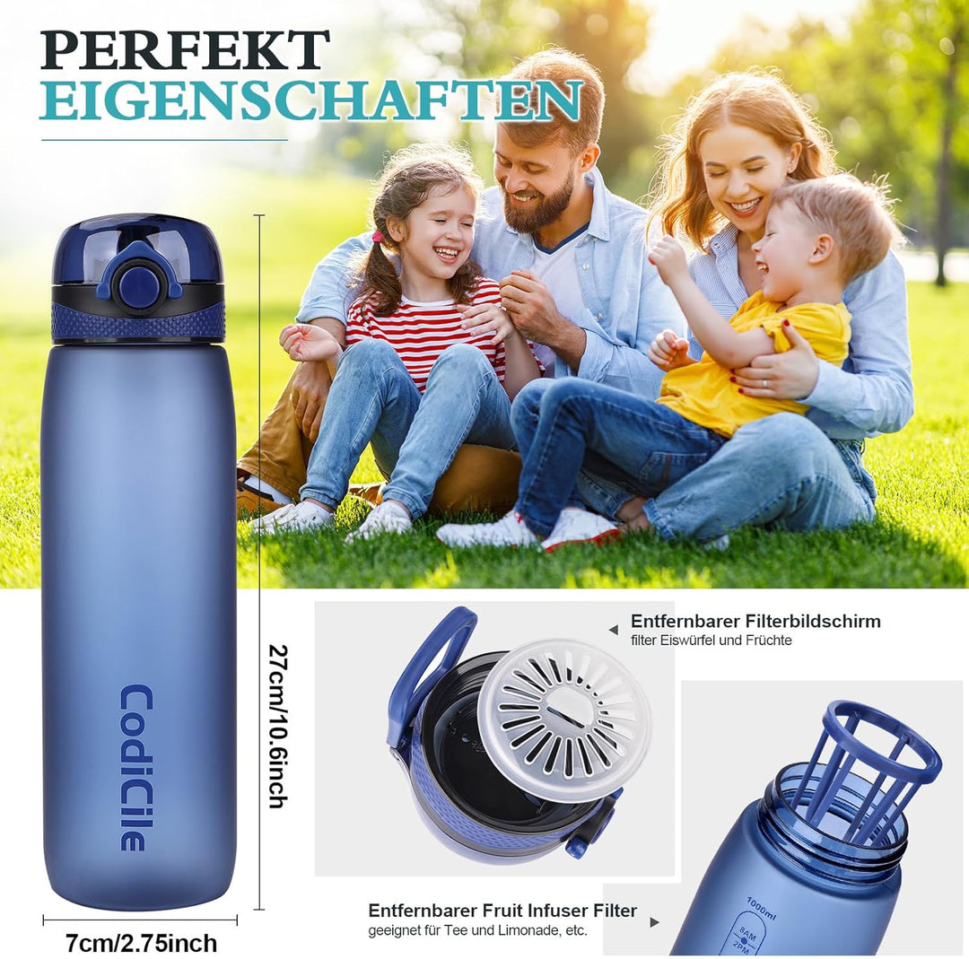 CodiCile Trinkflasche 1L, Wasserflasche 1L BPA-Frei, Auslaufsichere 1 Liter Trinkflasche, Tritan Spo