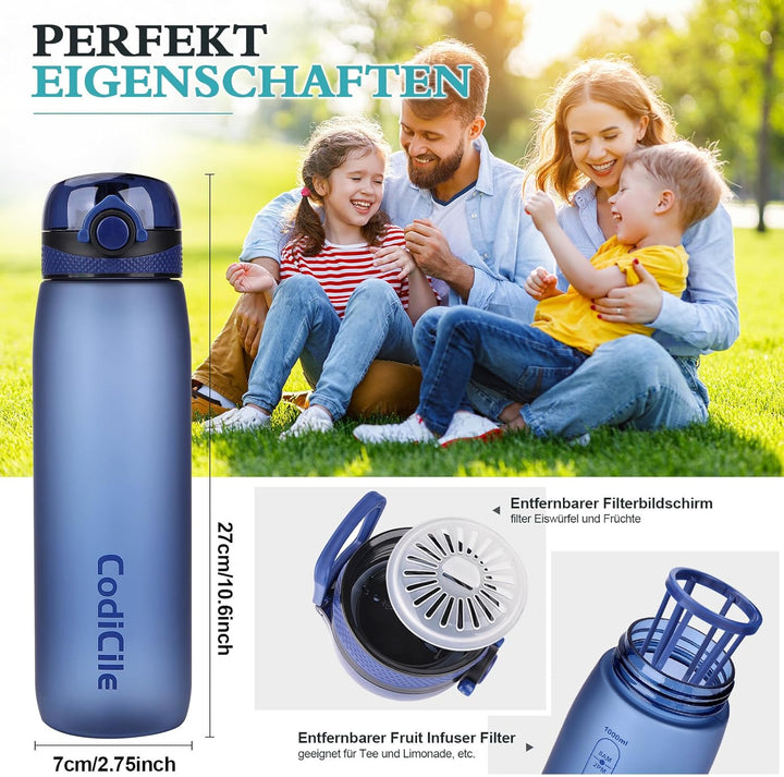 CodiCile Trinkflasche 1L, Wasserflasche 1L BPA-Frei, Auslaufsichere 1 Liter Trinkflasche, Tritan Spo