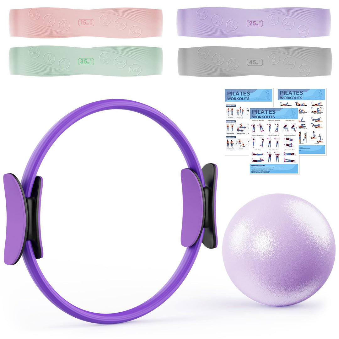 Umfassendes Pilates Set mit Pilates Ring, 4 Widerstandsbändern (15, 25, 35, 45 lbs), Platzfester Min