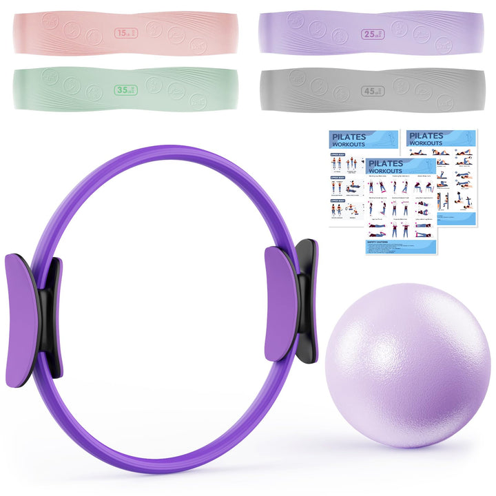 Umfassendes Pilates Set mit Pilates Ring, 4 Widerstandsbändern (15, 25, 35, 45 lbs), Platzfester Min