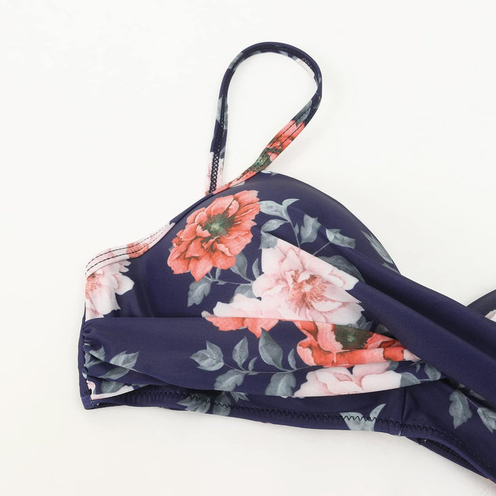 RXRXCOCO Damen Wickel Push Up bikini Oberteil Bauchweg High Waist Bikini Set Bademode M Blaue Blume,