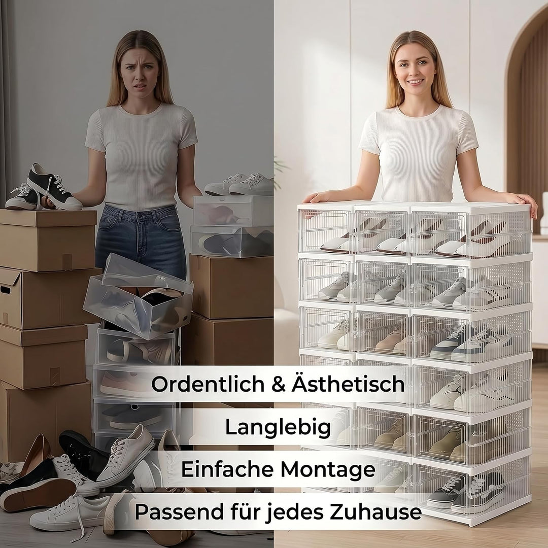 Schuhboxen Stapelbar, 18 Ebenen, Transparent, Faltbar, Dickem Kunststoff, für Sneaker bis Grösse 46,