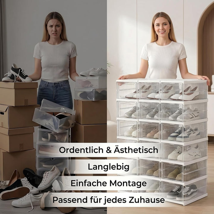 Schuhboxen Stapelbar, 18 Ebenen, Transparent, Faltbar, Dickem Kunststoff, für Sneaker bis Grösse 46,