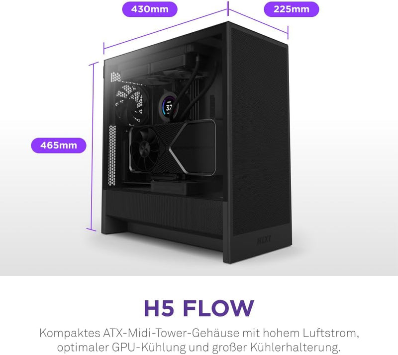 NZXT H5 Flow – Kompaktes ATX-Midi-Tower-PC-Gaming-Gehäuse – Hoher Luftstrom – 2 x 120 mm Lüfter inkl