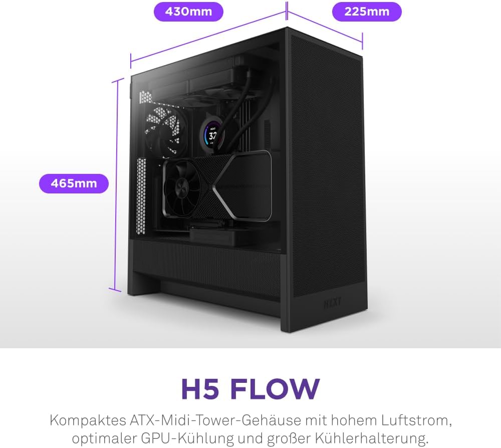 NZXT H5 Flow – Kompaktes ATX-Midi-Tower-PC-Gaming-Gehäuse – Hoher Luftstrom – 2 x 120 mm Lüfter inkl